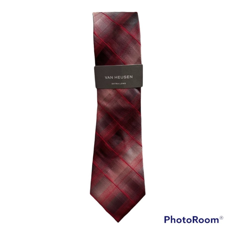 NWT-Van Huesen Tie-Red XLong Plaid-Sells Retail for $50